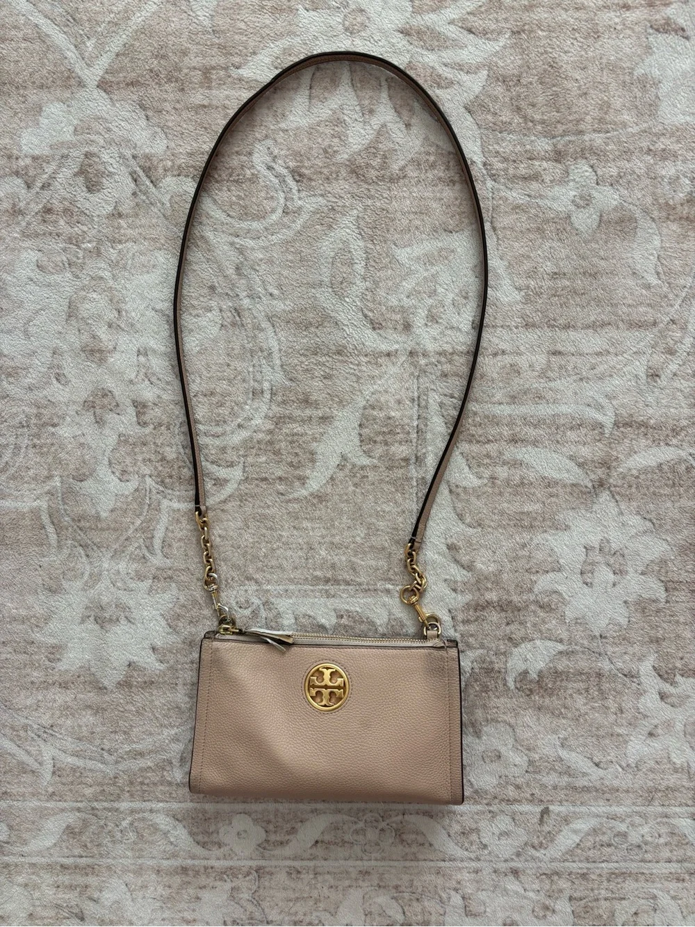 Tory Burch Beige Leather Crossbody Bag with Gold Logo
